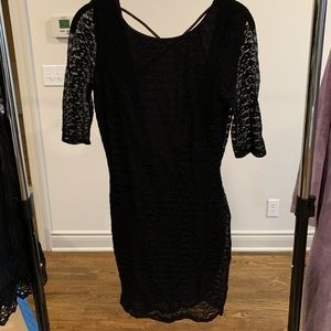 Black lace dress with leather criss cross back